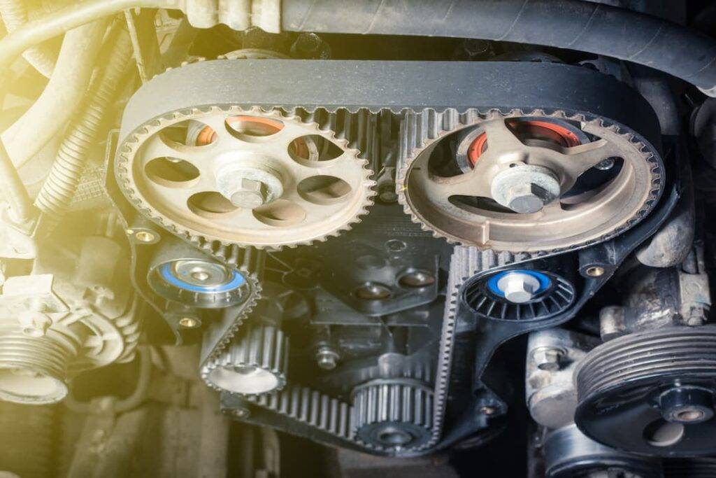 A cambelt inside a car engine
